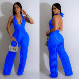 Fashion solid backless v neck pleated wide leg jumpsuit