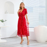 Large size embroidered sequin bright screen gauze dress fashion slim V-neck long dress