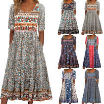 Summer new ladies round neck short sleeve dress Bohemian print dress women