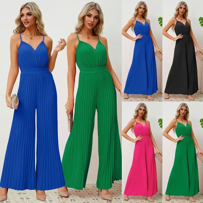 V neck spaghetti strap pleated wide leg one piece casual women jumpsuit