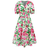 Women v neck floral print short lantern sleeve bohemian A-line midi dress
