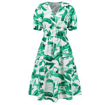 Women v neck floral print short lantern sleeve bohemian A-line midi dress