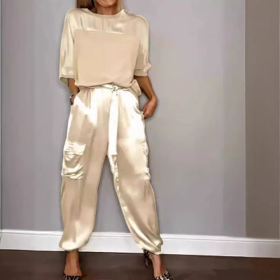 Smooth satin half sleeve top trouser outfits 2 piece sets