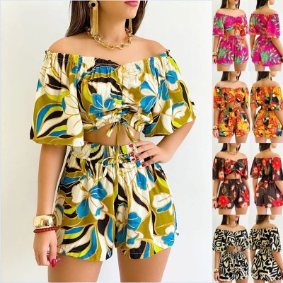 Off shoulder short sleeve printed casual summer short two piece outfit set
