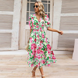 Women v neck floral print short lantern sleeve bohemian A-line midi dress