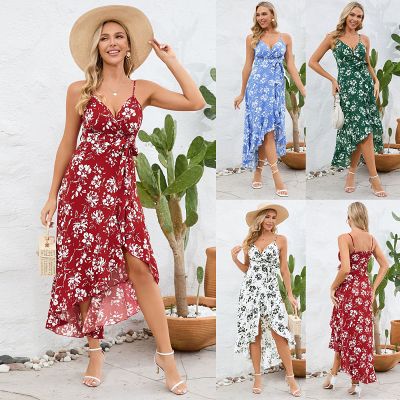 Sexy suspender irregular dress long suspender floral beach dress