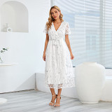 Large size embroidered sequin bright screen gauze dress fashion slim V-neck long dress