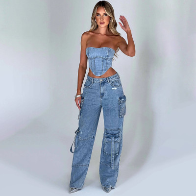 Low waist pocket stitching jeans women's loose drape slim trousers