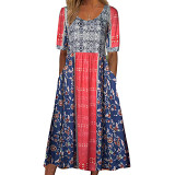 Summer new ladies round neck short sleeve dress Bohemian print dress women