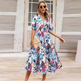 Women v neck floral print short lantern sleeve bohemian A-line midi dress