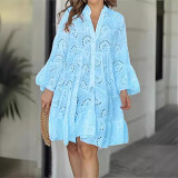 Summer solid color V-neck loose embroidery openwork lace dress