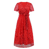 Large size embroidered sequin bright screen gauze dress fashion slim V-neck long dress