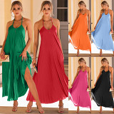 A line halter pleated dress beach holiday long maxi women dresses