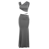 Slash shoulder crop top solid color maxi skirt slim 2 piece dress set