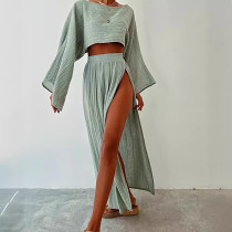 Leisure holiday linen blend long sleeve short high waist slit casual 2 piece skirt set