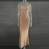 Sequin rhinestone sexy mesh see through spaghetti strap mermaid maxi long dress party night club dresses
