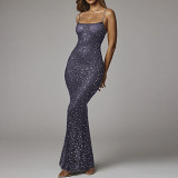 Sequin rhinestone sexy mesh see through spaghetti strap mermaid maxi long dress party night club dresses