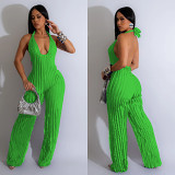 Fashion solid backless v neck pleated wide leg jumpsuit