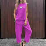 Linen casual sleeveless top loose pants women summer 2 piece outfit