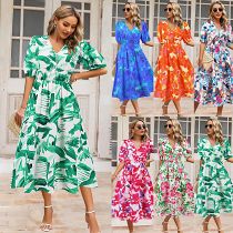 Women v neck floral print short lantern sleeve bohemian A-line midi dress