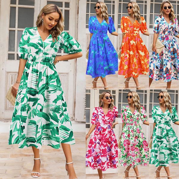 Women v neck floral print short lantern sleeve bohemian A-line midi dress