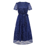 Large size embroidered sequin bright screen gauze dress fashion slim V-neck long dress