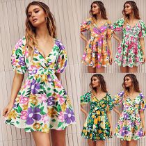 Summer floral print v neck short puff sleeve short women dress