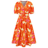 Women v neck floral print short lantern sleeve bohemian A-line midi dress