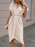 Solid color v neck short sleeve ruched midi long casual summer dress for women