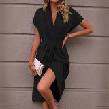 Solid color v neck short sleeve ruched midi long casual summer dress for women