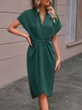 Solid color v neck short sleeve ruched midi long casual summer dress for women