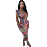 Summer v neck sleeveless cut out colorful striped midi long dress