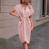 Solid color v neck short sleeve ruched midi long casual summer dress for women