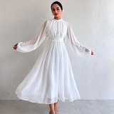 Turtle neck zipper long sleeve pleated chiffon midi long women dress