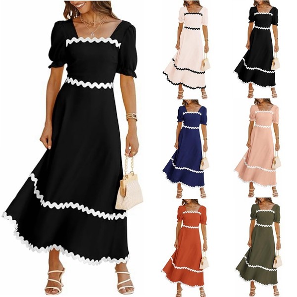 Puff sleeve square collar A-line pleated maxi long summer dress