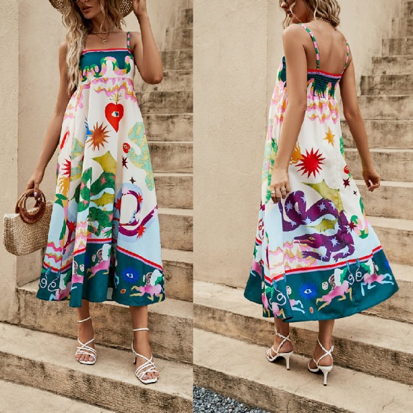 Casual summer printing slip midi long a-line dress