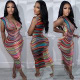 Summer v neck sleeveless cut out colorful striped midi long dress