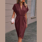 Solid color v neck short sleeve ruched midi long casual summer dress for women