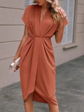 Solid color v neck short sleeve ruched midi long casual summer dress for women