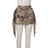 Camouflage fringed skirt Camo patch mini women skirt