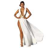Ladies Long Dress Wedding Evening Deep V high Split Swing Maxi Long Dress