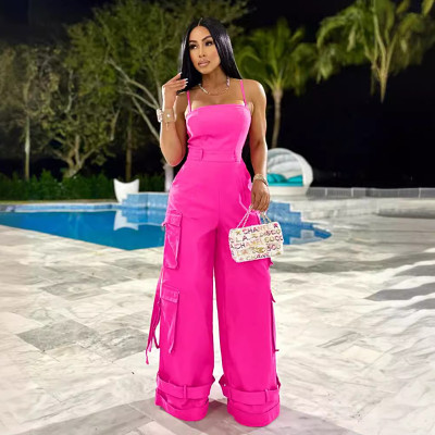 Sexy tube top multi-pocket overall wide-leg jumpsuit