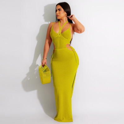 Hanging neck open waist sling knitted dress backless beach knitted slit long dress