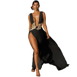 Ladies Long Dress Wedding Evening Deep V high Split Swing Maxi Long Dress