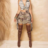 Camouflage fringed skirt Camo patch mini women skirt