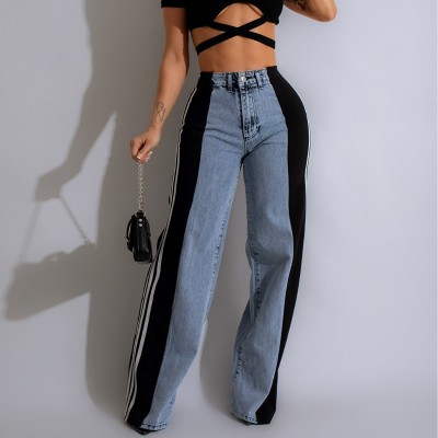 Splicing three stripes wide-leg denim trousers women's new casual high waist elastic straight pants