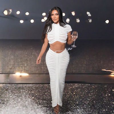 Sexy knit perspective nightclub suit low waist bag hip skirt suit