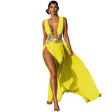Ladies Long Dress Wedding Evening Deep V high Split Swing Maxi Long Dress