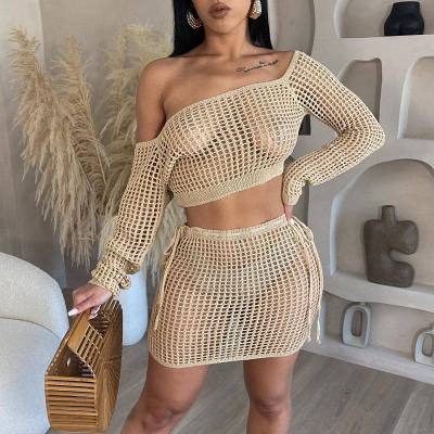 Summer knitted hollow off shoulder strapless beach short skirt 2 piece set