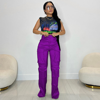 Fashion casual ladies solid color multi-pocket overalls trousers